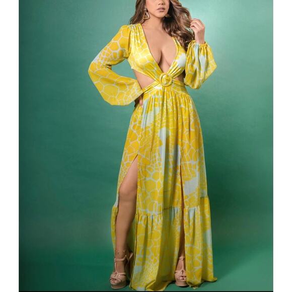 Rhythm Boutique Dresses & Skirts - Rhythm Boutique Cutout Plunge Maxi Dress Small Yellow Boho Resort High Slit
